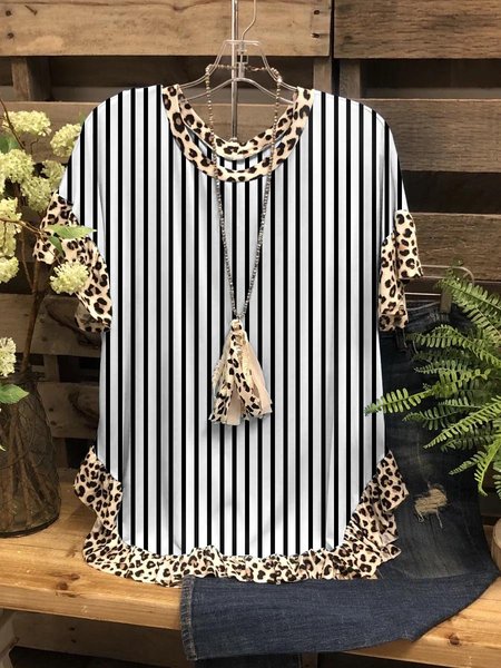 

Stripes Graphic Short Sleeve Round Neck Casual Top, White, T-shirts