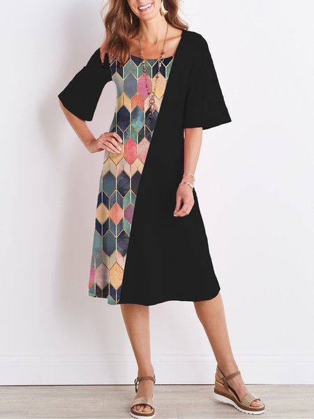 

Vintage Wave Geometric Print Short Sleeve A-line Midi Weaving Dress, Pink, Casual Dresses