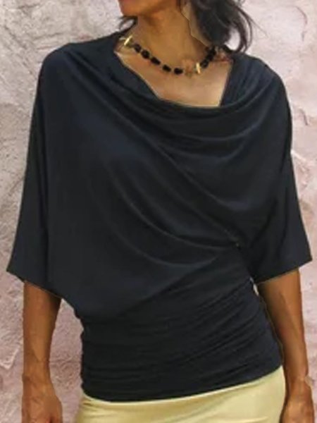 

Collo ad anello Vintage 3/4 Manica Misto Cotone Top, Nero, Tops