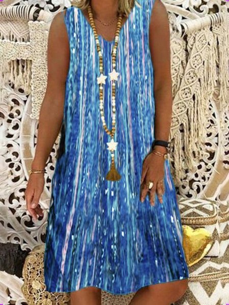 

Holiday V Neck Sleeveless Stripes Weaving Dress, Blue, Tie dye dress