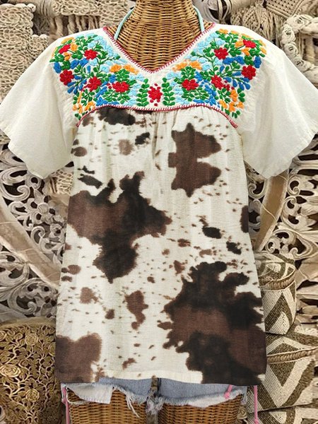 

Floreale Maniche Corte Dritto Stampato Camicie & Top, Bianco, T-Shirts