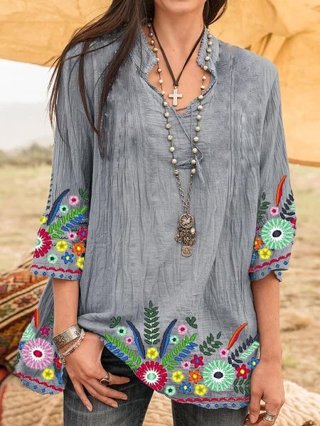 

3/4 Sleeve Boho Cotton Floral Shirts & Tops, Gray, Tops
