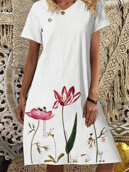 

Floral Casual Short Sleeve Women Dress, White, Midi Dresses