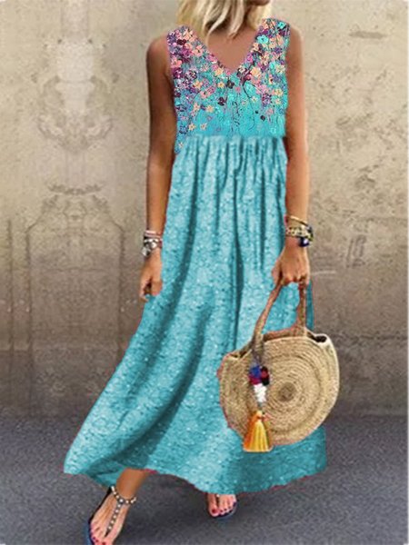 

Holiday Floral Paneled Sleeveless Weaving Dress, Blue, Floral Dresses
