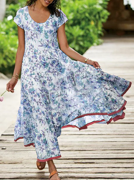 

Abito Floreale Maniche Corte, Blu, Dresses