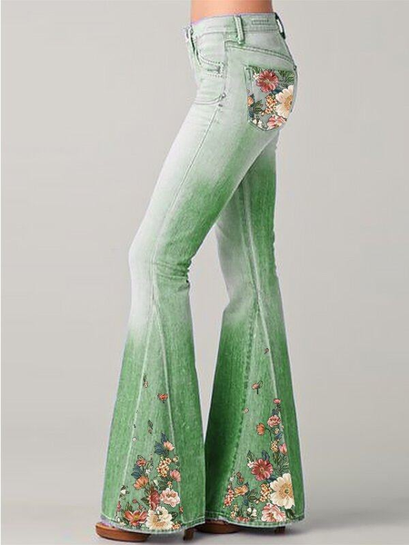 

Green Floral Denim Jeans, Flared Pants