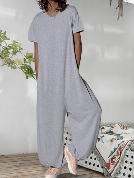 

Gray Simple Short Sleeve Jumpsuits, Jumpsuits＆Rompers