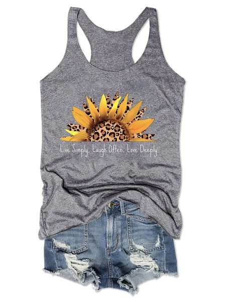 

Live Simply Laugh Often Love Deeply Leopard Print Sunflower Graphic Vest Top, Gray, Tank Tops