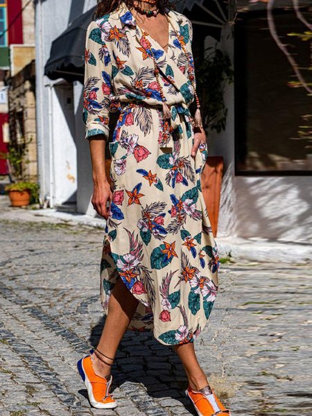 

Cotton-Blend Long Sleeve Casual Weaving Dress, Apricot, Floral Dresses