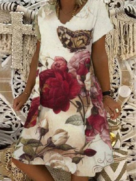 

Casual Holiday V Neck Short Sleeve Floral Butterfly Weaving Dress, Flower, Floral Dresses