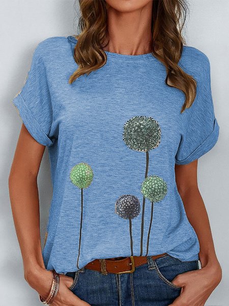 

Casuale Stampato Misto Cotone Maniche Corte Girocollo Maglietta, Blu, T-Shirts