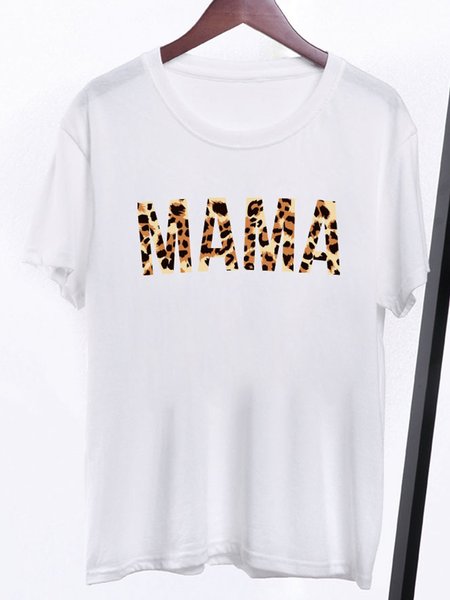 

Vintage Leopard MAMA Printed Plus Size Short Sleeves Crew Neck Casual Tops, White, T-Shirts