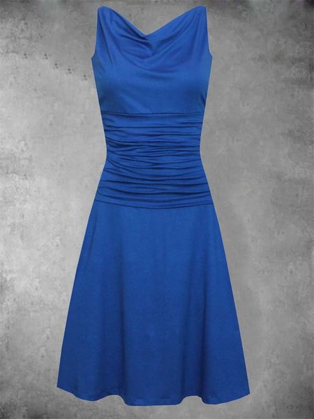 

Solido Girocollo Misto Cotone Senza Maniche Gonna Casuale, Blu, Dresses