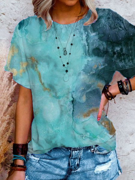 

Crew Neck Shift Short Sleeve Vintage T-shirt, Blue, Blouses & Shirts