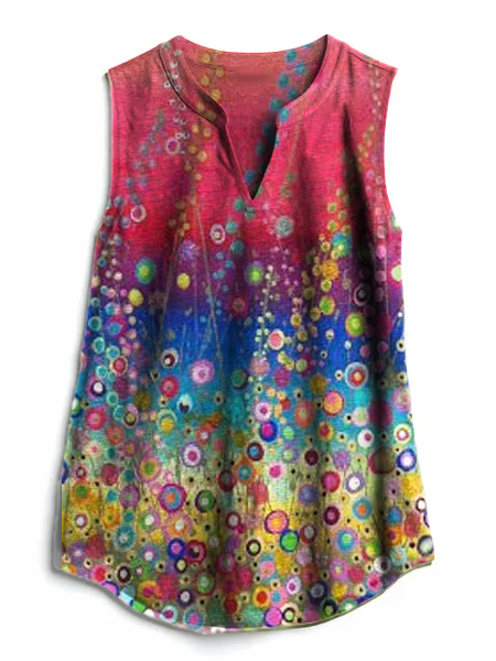Vintage Polka Dots V Neck Sleeveless T-shirt, As picture, Tops