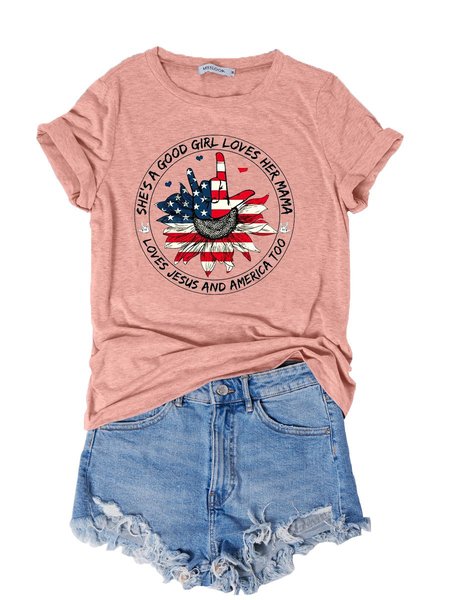 

She's A Good Girl Loves Her Mama Loves Jesus And America Too American Flag Hobby and Peace Easter Sunflower Graphic Tee, Light pink, T-shirts