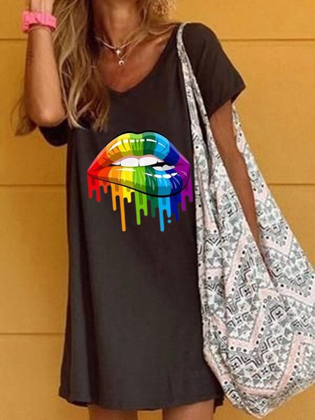 

Black Printed V Neck Casual Party Daily Short Sleeve Shift Dresses, Dresses