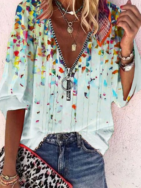 

Geometrico Mezza Manica Stampato Poliestere Scollo a V Casuale Estate Bianco Superiore, Blouses & Shirts