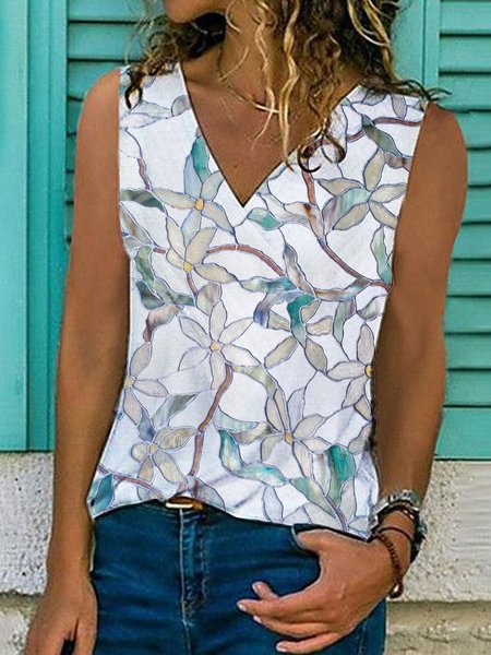 

Floral Sleeveless Printed Cotton-blend V neck Vintage Summer White Top, Tank Top