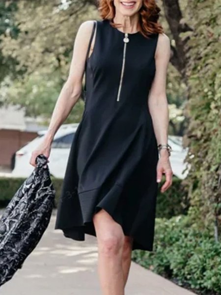 

Crew Neck Sleeveless Solid Elegant Dress, Black, Mini Dresses