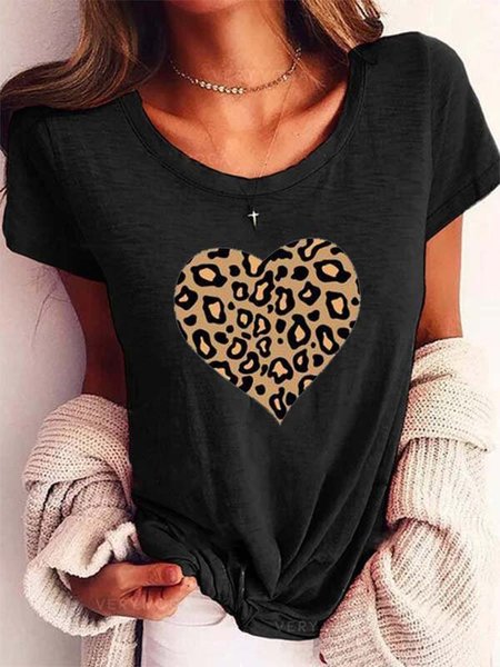 

Short Sleeve Leopard-Print Cotton-Blend Casual T-shirt, Black, Tops