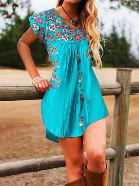 

Crew Neck Short Sleeve Floral-Print Dresses, Blue, Mini Dresses