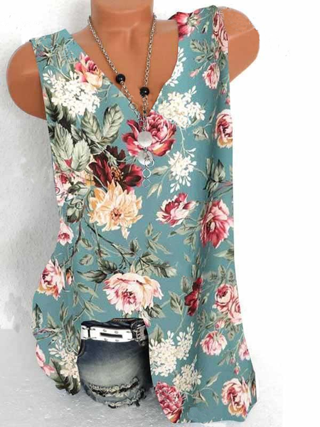

Floral-print Cotton-Blend V Neck Sleeveless Tops, Blue, Tank Top