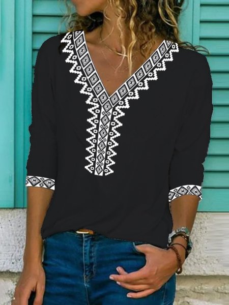 

Paisley Mezza Manica Stampato Misto Cotone Scollo a V Vintage Estate Nero Superiore, T-Shirts