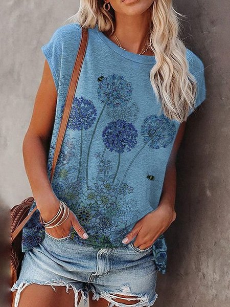 

Casuale Dritto Maniche Corte Misto Cotone Top, Blu, T-Shirts