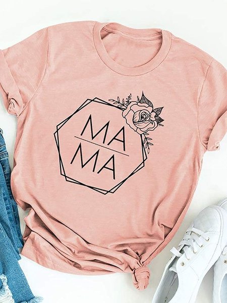 

Vintage MAMA Floral Printed Plus Size Short Sleeves Crew Neck Casual Tops, Pink, Printed T-shirts