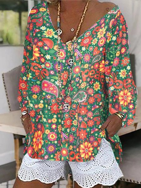 

Donna Cotone Stampa - Floreale Superiore, Verde, Blouses & Shirts