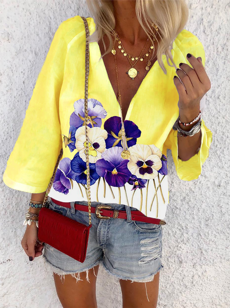 

taglia grande Viola Floreale Top, Giallo, T-Shirts