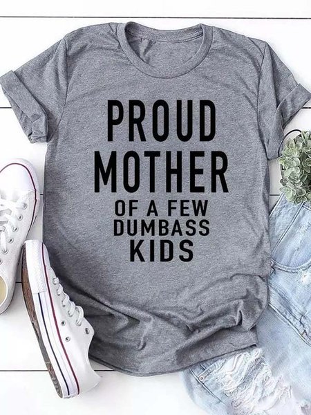 Letter Casual Short Sleeve T-shirt, Gray, Printed T-shirts