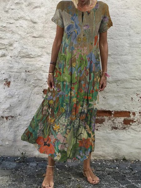 

Vintage O-Neck Shift Cotton Dresses, Khaki, Maxi Dresses