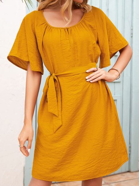 

Short Sleeve Casual Crew Neck Mini Dress, Yellow, Midi Dresses