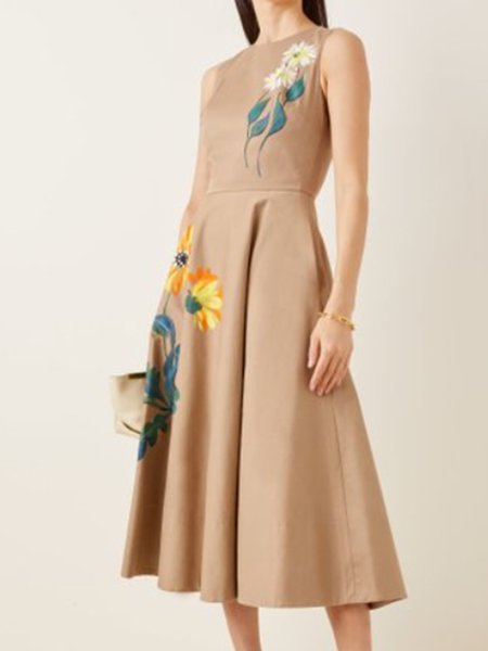 

Stampato Senza Maniche Vacanza Floreale Abito, Cachi, Midi Dresses