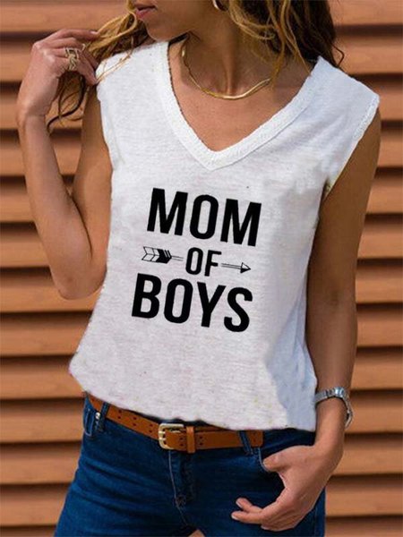 

Letter Cotton-Blend V Neck Casual Shirts & Tops, White, Tank Top