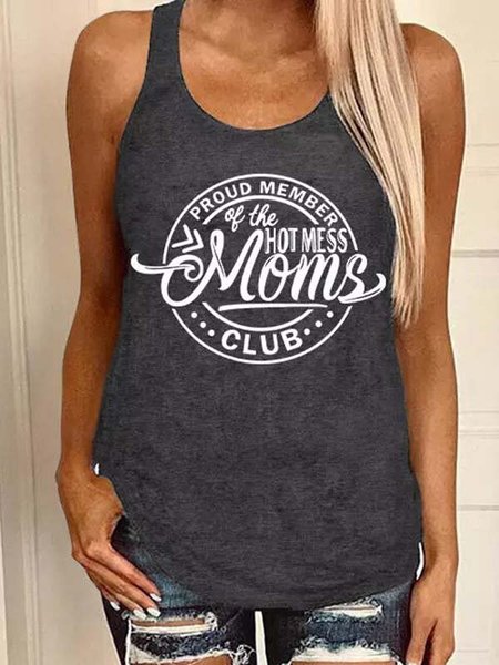 

Crew Neck Casual Cotton-Blend Letter Shirts & Tops, Deep gray, Tank Top