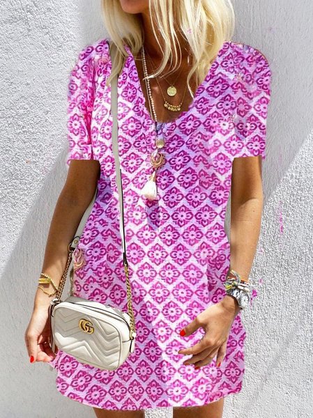Vintage Vacanza Bohemian Scollo a V Gonna Casuale, Rosa, Midi Dresses