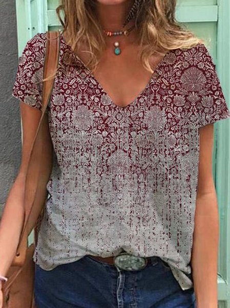 

Women's Summer Tribal V Neck Short Sleeve Casual Shift Printed T-Shirts, Gray, Tops