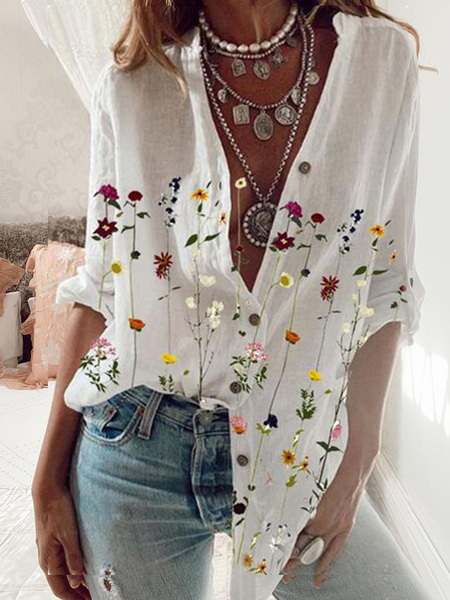 

Stampato Floreale Maniche Lunghe Camicie & Top, Bianco, Blouses & Shirts