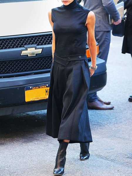 

Vintage Plain Statement Plus Size Sleeveless Buttoned Casual Weaving Dress, Black, Midi Dresses