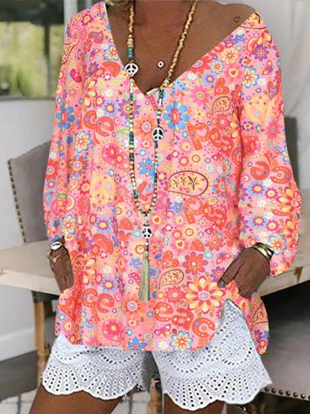 Donna Cotone Stampa - Floreale Superiore, Rosa, Blouses & Shirts