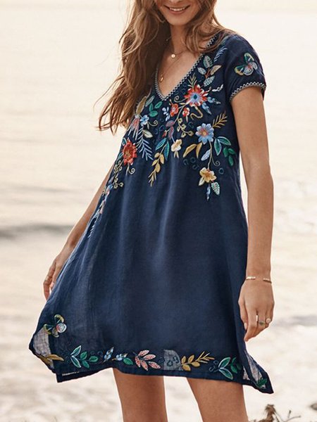

Maniche Corte Floreale Dritto Gonna Casuale, Blu marino, Dresses