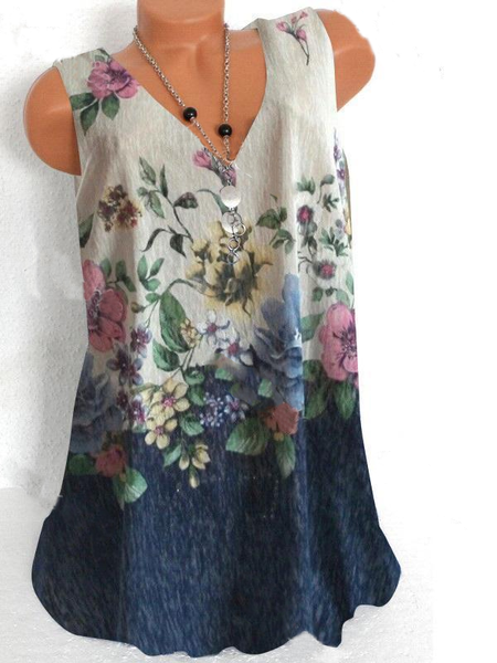 

V Neck Casual Floral-print Sleeveless Tops, White, Tank Top