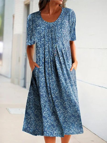 

Misto Cotone Casuale Maniche Corte Girocollo Abito, Blu, Dresses