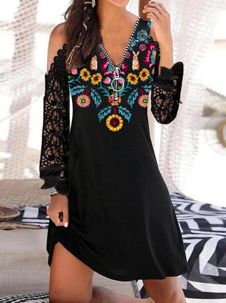 

Abito Maniche Lunghe Bohemian Floreale Misto Cotone, Nero, Summer dresses