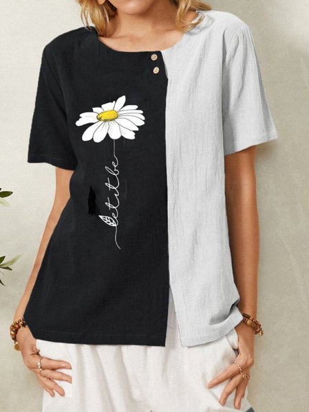 

Cotton-Blend Short Sleeve Crew Neck T-shirt, White-black, Tunics