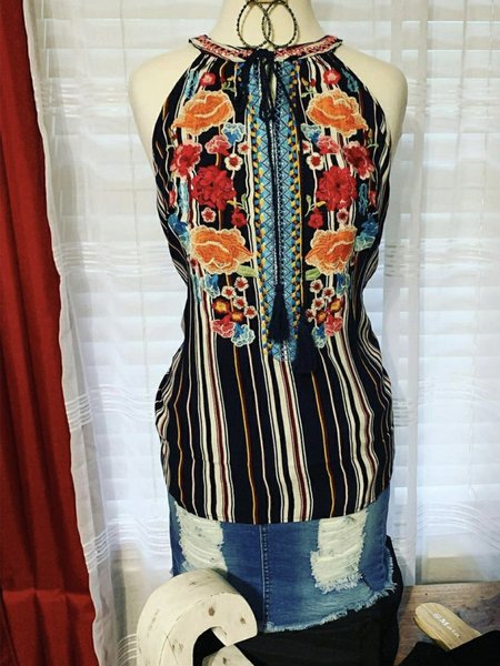 

Halter Geometric A-Line Boho Shirts & Tops, Black, Auto-Clearance