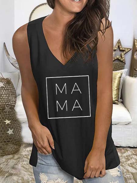 

Lettera senza maniche Scollo a V Casuale Top, Nero, Tank Top